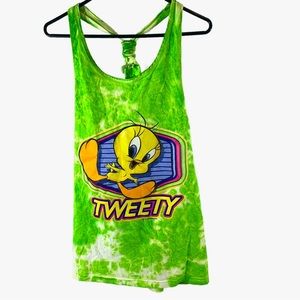 Vintage 1999 Looney Tunes Tweety Bird Green Tie Dye Womens Swim Coverup Tank Top